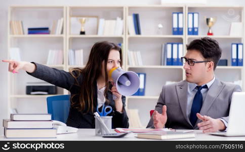 The office conflict between man and woman. Office conflict between man and woman