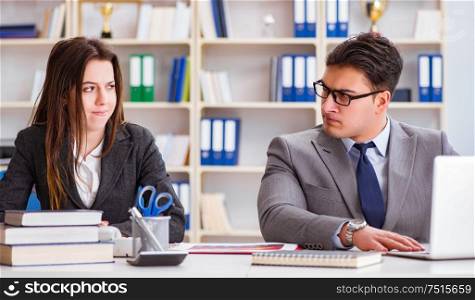 The office conflict between man and woman. Office conflict between man and woman
