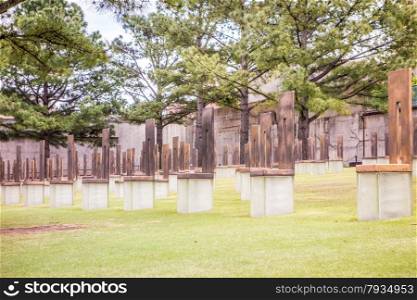 The Oklahoma Bombing Monument with empty chair sculptures that memorialize those lost to the terrorist bombing