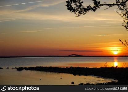 The Olandbridge by sunset seen from the swedish island Oland