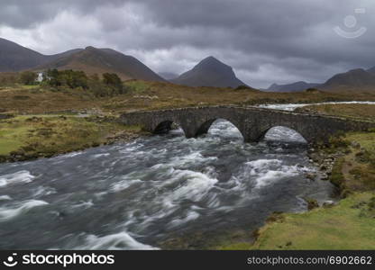 The old bridge at Sligachan on the Isle of Skye in the Cuillin Hills in the Inner Hebrides of northwest Scotland.