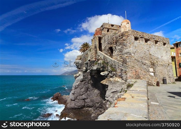 the old castle overlooking the sea in Camogli, Italy