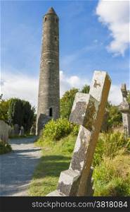 The Old Cemetery. The round tower that stands in St. Kevin&rsquo;s Graveyard in Glendalough, County Wicklow, Ireland.