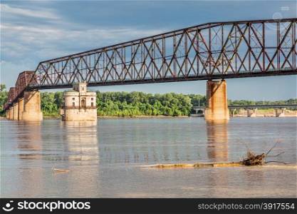 The Old Chain of Rocks bridge and historic water (intake) tower on the Mississippi River near St Louis