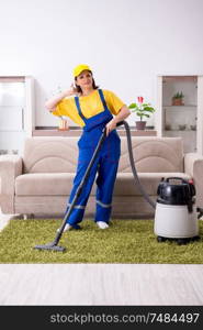 The old female contractor doing housework . Old female contractor doing housework