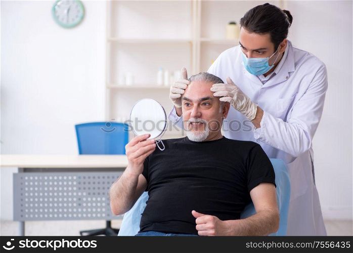 The old man visiting young doctor for plastic surgery. Old man visiting young doctor for plastic surgery