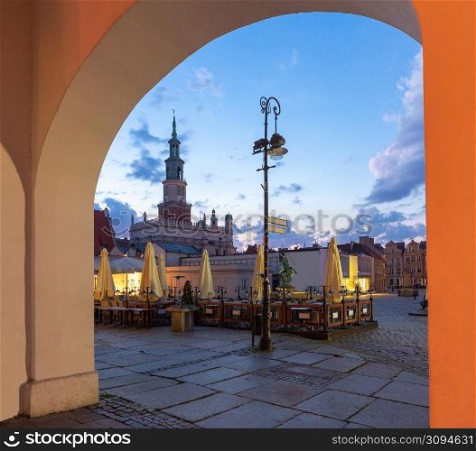 The old market square and the colorful facades of medieval houses in the early morning. Poznan. Poland.. Poznan. Old Town Square with famous medieval houses at sunrise.