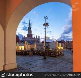 The old market square and the colorful facades of medieval houses in the early morning. Poznan. Poland.. Poznan. Old Town Square with famous medieval houses at sunrise.