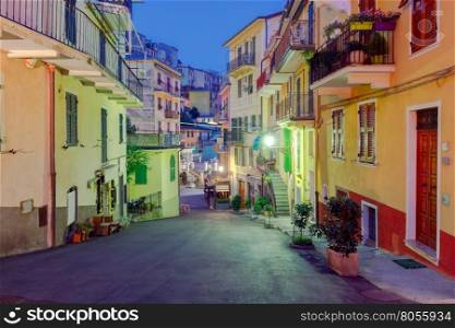 The old, narrow street in the medieval Italian village of Manarola at night. Parco Nazionale delle Cinque Terre, Liguria, Italy.