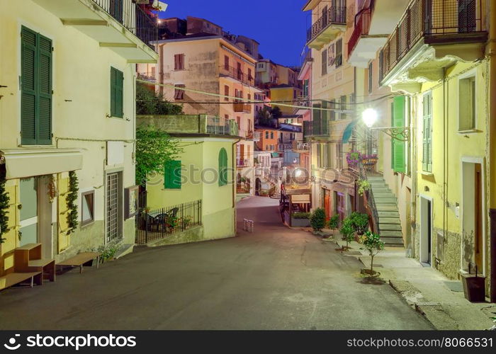 The old, narrow street in the medieval Italian village of Manarola at night. Parco Nazionale delle Cinque Terre, Liguria, Italy.