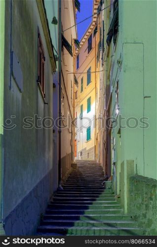 The old, narrow street in the medieval Italian village of Manarola at night. Parco Nazionale delle Cinque Terre, Liguria, Italy.