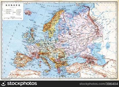 The old planispheric map of Europe with explanation of signs on map.