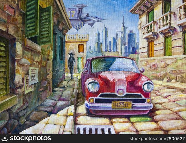 The old red car is standing at the sunny street of the southern city near the old colonial style architecture buildings. The oil painting 70x50 cm.. Old Red Car at the Sunny Street
