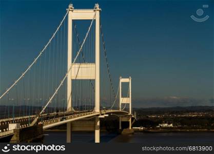 The old Severn Crossing welsh Pont Hafren bridge that crosses from England to Wales across the rivers Severn and Wye. Space to right.