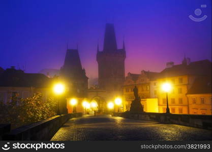 The Old Town as seen from Charles bridge in Prague in the morning