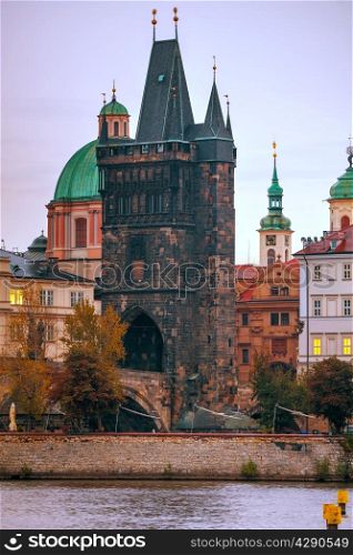 The Old Town Charles bridge tower in Prague early in the morning