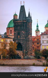 The Old Town Charles bridge tower in Prague early in the morning