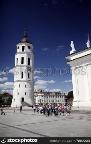 The old Town of the City Vilnius with the clocktower and the Johanneschurch in the Baltic State of Lithuania,