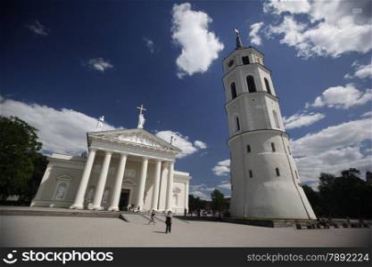 The old Town of the City Vilnius with the clocktower and the Johanneschurch in the Baltic State of Lithuania,