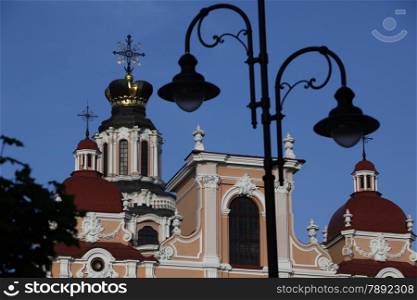 The old Town of the City Vilnius with the St.Kazimir church in the Baltic State of Lithuania,