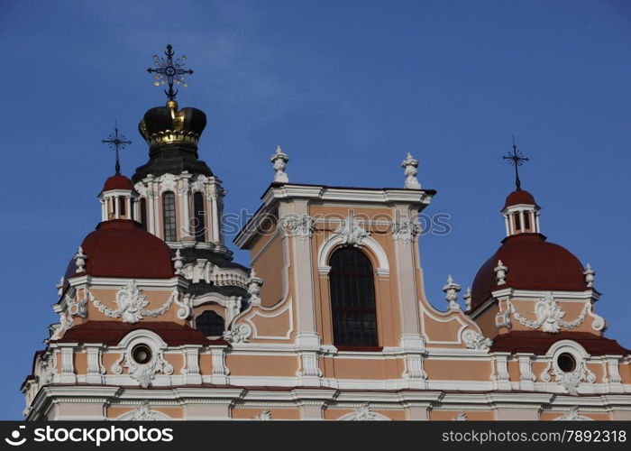 The old Town of the City Vilnius with the St.Kazimir church in the Baltic State of Lithuania,