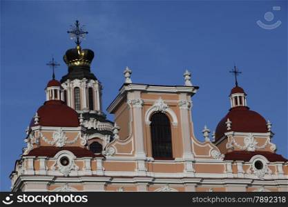 The old Town of the City Vilnius with the St.Kazimir church in the Baltic State of Lithuania,