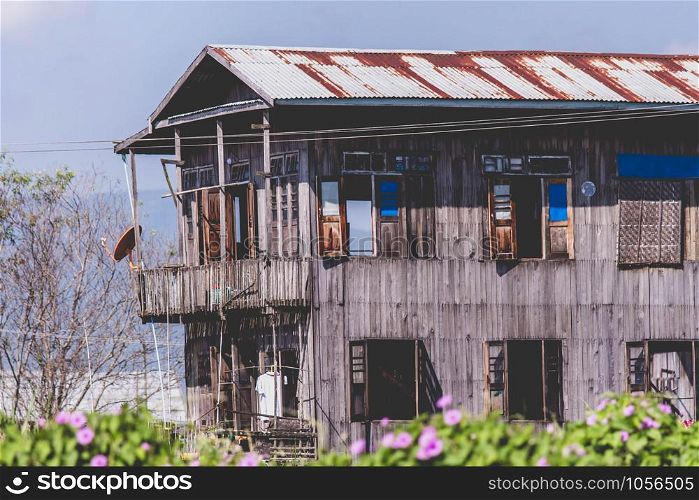 The old wooden house of Burmese in the water on the Inle Lake, Myanmar