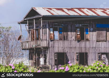 The old wooden house of Burmese in the water on the Inle Lake, Myanmar