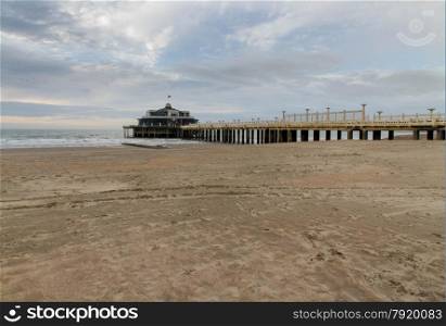 The only pier in Belgium, with sandy beach. Blankenberge, West Flanders, Belgium, Europe.