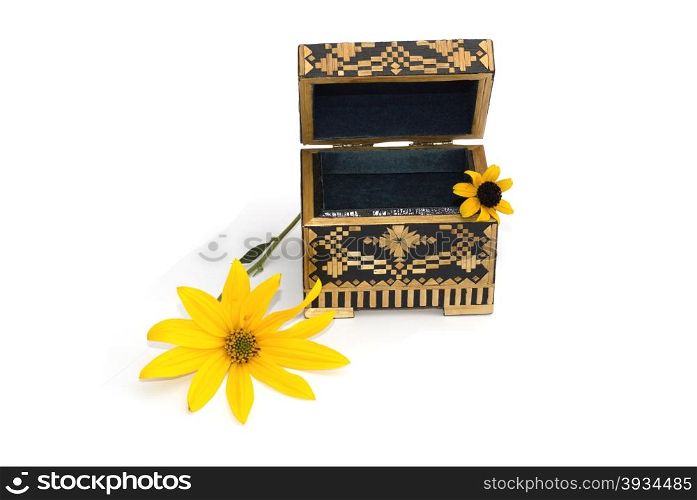 the open casket decorated with two yellow florets isolate, a still life, a subject fall