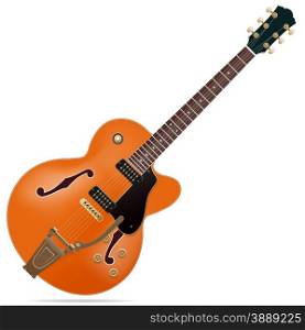 The orange semi-hollow electric guitar isolated on white background