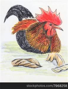 The original drawing of birds on white paper, jungle fowl