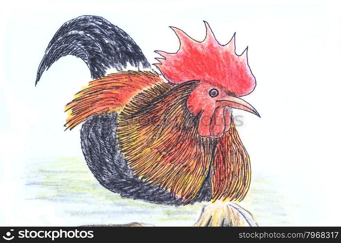 The original drawing of birds on white paper, jungle fowl