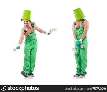 The painter in green coveralls on white. Painter in green coveralls on white