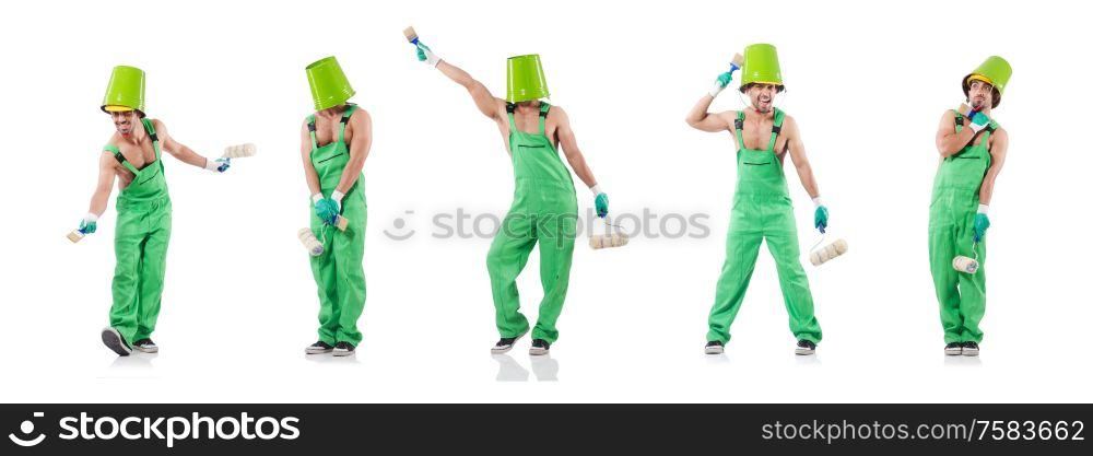 The painter in green coveralls on white. Painter in green coveralls on white