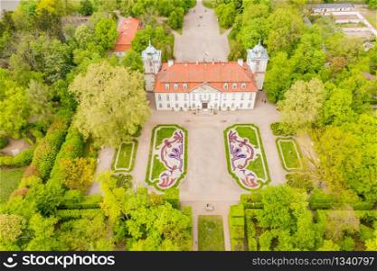 The Palace in Nieborow. Springtime. Green Trees. Aerial view