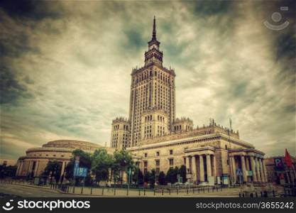 The Palace of Culture and Science, one of the symbols of Warsaw, Poland. Retro, vintage style. Palac Kultury i Nauki