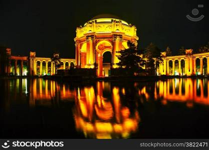 The Palace of Fine Arts in San Francisco, California at night