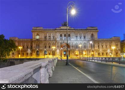 The Palace of Justice in Rome, Italy. The Palace of Justice and bridge Ponte Umberto I during morning blue hour in Rome, Italy