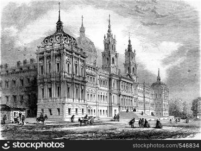 The Palace of Mafra, near Sintra, Portugal, vintage engraved illustration. Magasin Pittoresque 1861.