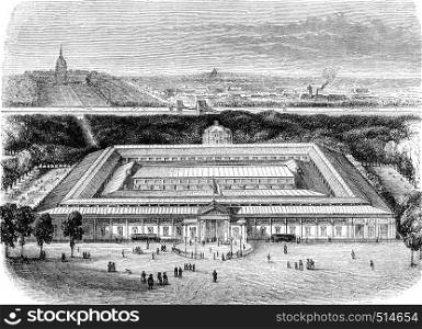 The Palace of the industry, to the square des Champs-Elysees in 1844, vintage engraved illustration. Magasin Pittoresque 1844.