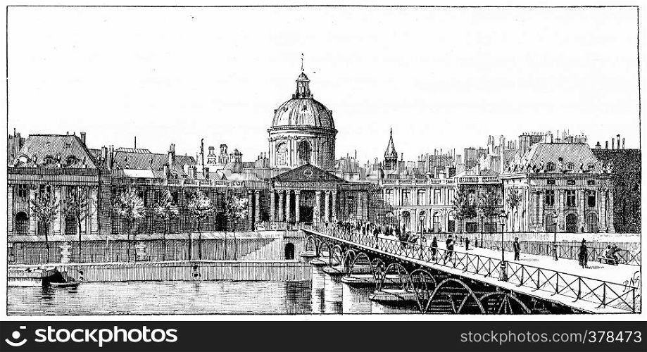 The palace of the Institute and the bridge of Arts, vintage engraved illustration. Paris - Auguste VITU ? 1890.