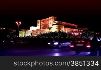 The Palace of the Parliament in Bucharest,Romania,night traffic time lapse