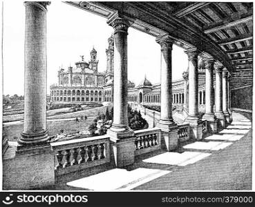 The palace of the Trocadero given its large gallery, vintage engraved illustration. Paris - Auguste VITU ? 1890.