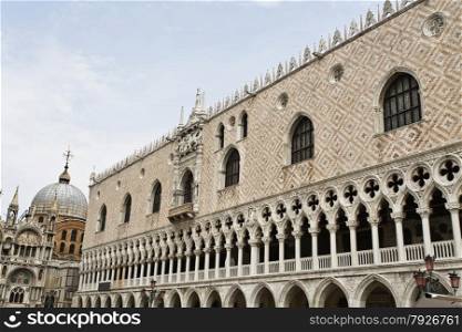 The Palazzo Ducale, built in Venetian Gothic style, is one of the main landmarks of Venice, Italy.