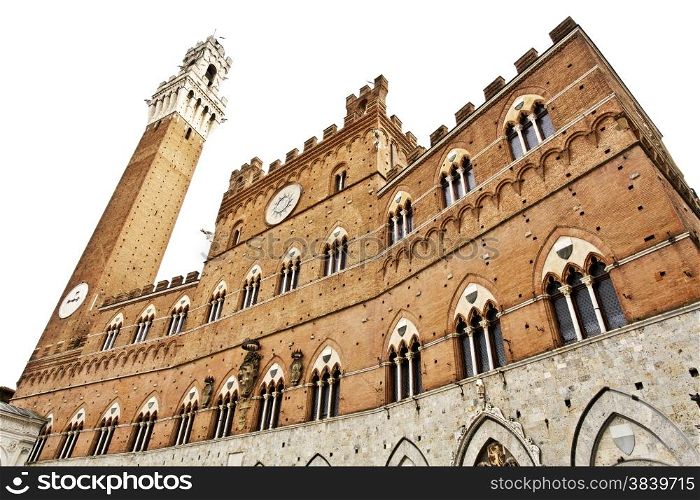 The Palazzo Pubblico and the Torre del Mangia in Siena, Italy, isolated in white.