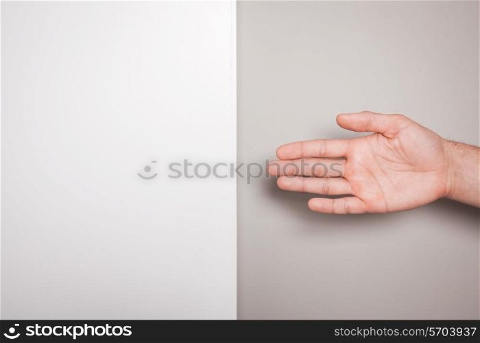 The palm of a young man in a handshake against a green and white background
