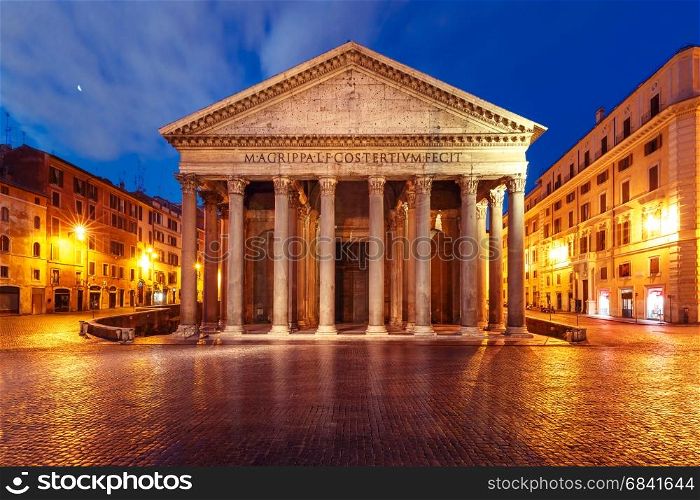The Pantheon at night, Rome, Italy. The Pantheon, former Roman temple, now a church, on the Piazza della Rotonda, at night, Rome, Italy