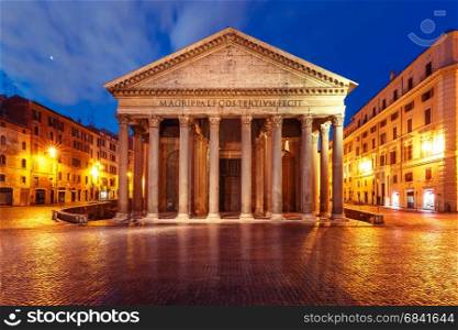 The Pantheon at night, Rome, Italy. The Pantheon, former Roman temple, now a church, on the Piazza della Rotonda, at night, Rome, Italy