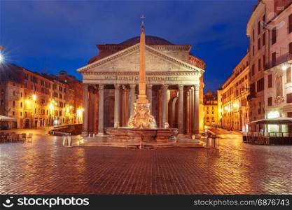 The Pantheon at night, Rome, Italy. The Pantheon, former Roman temple of all gods, now a church, and Fountain with obelisk at Piazza della Rotonda, at night, Rome, Italy